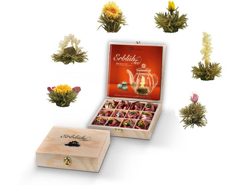 Creano | Teeblumen Geschenkset | Teekiste aus Holz | 12 Kugeln