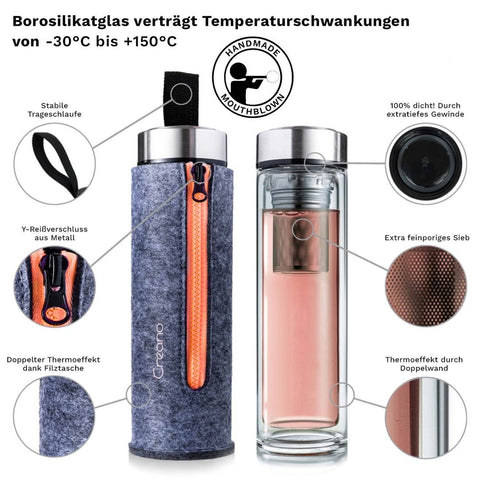 Creano | Doppelwandiger Teamaker inkl. Filztasche | 400ml | verschiedene Farben - Tee- und Kraeutergalerie