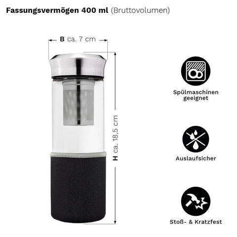 Creano | Teebereiter | Teamaker | 400ml | inkl. Neopren-Hülle | schwarz | Thermosflasche - Tee- und Kraeutergalerie
