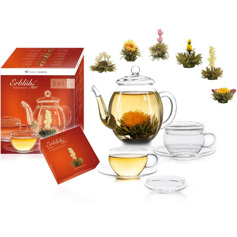Creano | Teeblumen Mix | Geschenkset | Erblühtee | Genießerset mit Glaskanne - Tee- und Kraeutergalerie