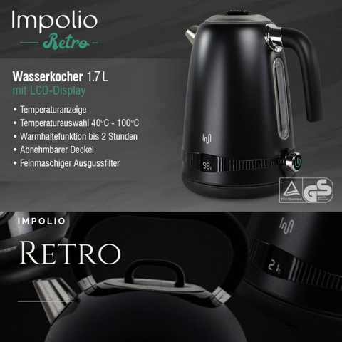 Tee-undKrautergalerie-Edelstahl Retro Wasserkocher | Vintage Design | Schwarz | LCD digital Display | 1,7 Liter