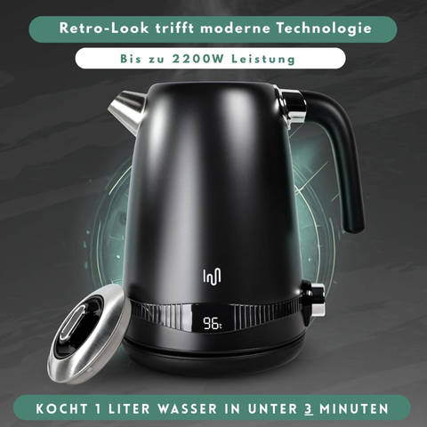 Tee-undKrautergalerie-Edelstahl Retro Wasserkocher | Vintage Design | Schwarz | LCD digital Display | 1,7 Liter