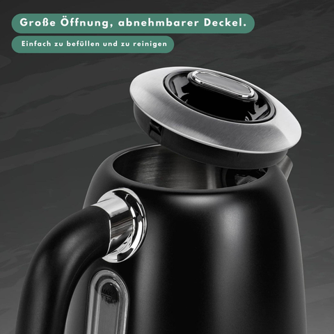 Tee-undKrautergalerie-Edelstahl Retro Wasserkocher | Vintage Design | Schwarz | LCD digital Display | 1,7 Liter