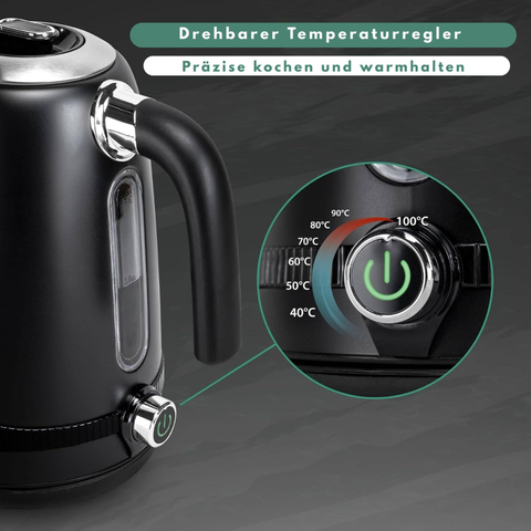 Tee-undKrautergalerie-Edelstahl Retro Wasserkocher | Vintage Design | Schwarz | LCD digital Display | 1,7 Liter