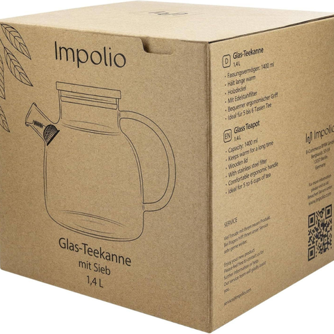 Tee-undKrautergalerie - Glas Teekanne mit Siebeinsatz & Holzdeckel | 1400ml | Kanne