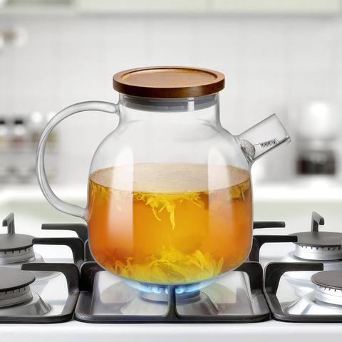 Tee-undKrautergalerie - Glas Teekanne mit Siebeinsatz & Holzdeckel | 1400ml | Kanne