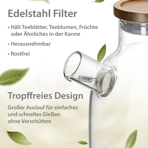 Tee-undKrautergalerie - Glas Teekanne mit Siebeinsatz & Holzdeckel | 1400ml | Kanne