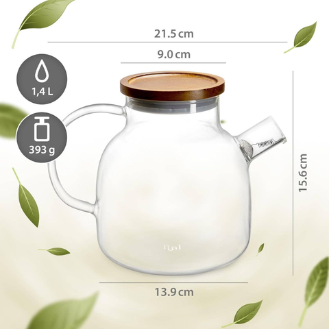Tee-undKrautergalerie - Glas Teekanne mit Siebeinsatz & Holzdeckel | 1400ml | Kanne