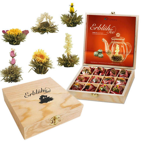 Creano | Teeblumen Geschenkset | Teekiste aus Holz | 12 Kugeln