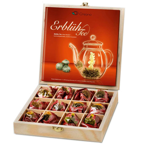 Creano | Teeblumen Geschenkset | Teekiste aus Holz | 12 Kugeln